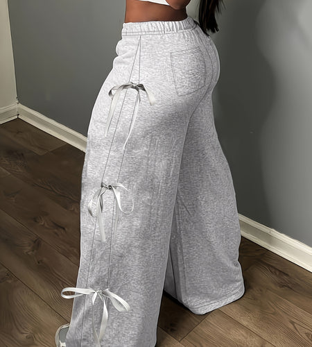 Plus Size, Women's Elegant Side Bow Tie Straps & Back Pockets Stretchy Loose Straight Leg Pants - Comfortable Elastic Waistband, Machine Washable, Spring Summer Fall Casual Outing Trousers, Seasonal Fashion, Durable Clothing