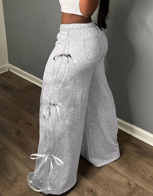 Load image into Gallery viewer, Plus Size, Women&#39;s Elegant Side Bow Tie Straps &amp; Back Pockets Stretchy Loose Straight Leg Pants - Comfortable Elastic Waistband, Machine Washable, Spring Summer Fall Casual Outing Trousers, Seasonal Fashion, Durable Clothing
