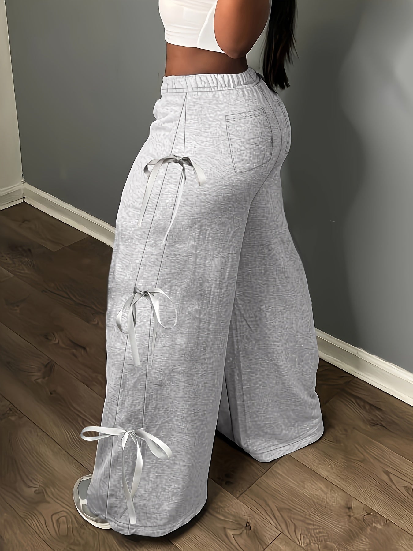 Plus Size, Women's Elegant Side Bow Tie Straps & Back Pockets Stretchy Loose Straight Leg Pants - Comfortable Elastic Waistband, Machine Washable, Spring Summer Fall Casual Outing Trousers, Seasonal Fashion, Durable Clothing