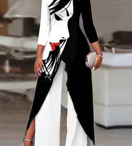 Stylish Off-Shoulder Printed Irregular Design Long-Sleeved Trousers Suit for Women - Fashionable, Comfortable, and Versatile - Ideal for Casual Daily Wear and Outdoor Activities