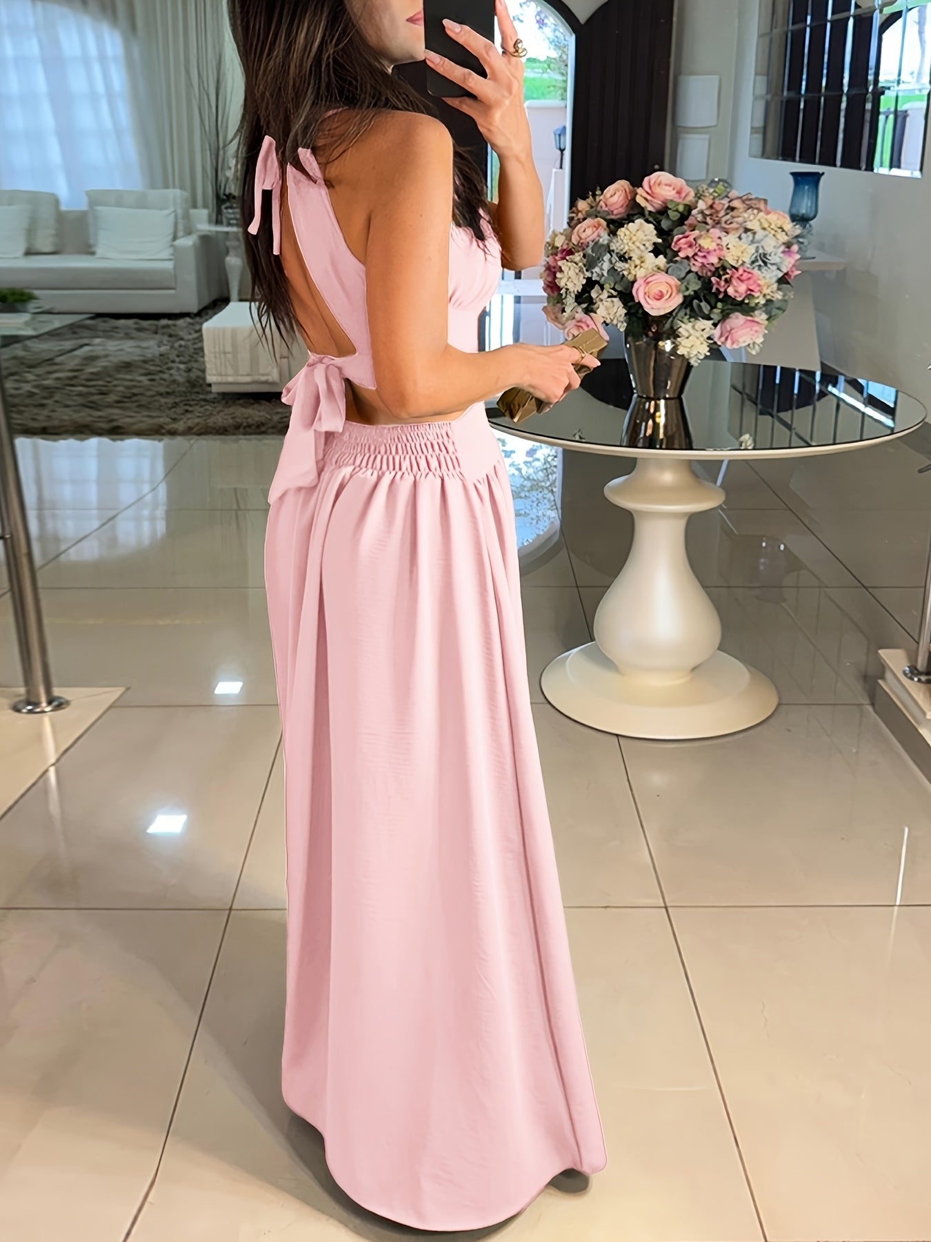 Sexy Backless Women's Evening Gown | Long Flared Skirt Formal Party Dress with Waist Cross Straps & Open Back, Round Neck Spring Summer Casual to Formal Attire