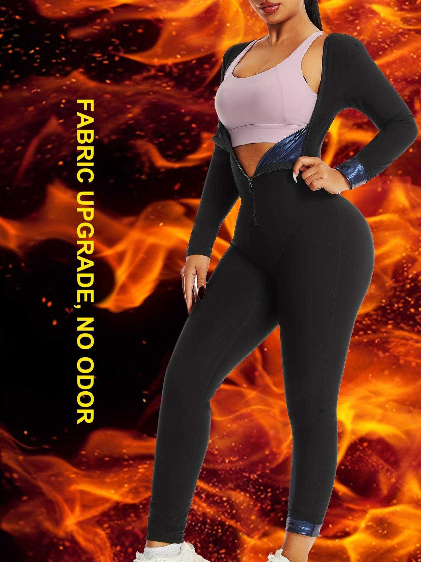 [Workout Jumpsuit] Women's Full-Zip Long Sleeve & Pants Workout Jumpsuit - Full-Body Bodysuit with Tummy Control, Sweat-Wicking Gym Suit for Running, Sauna, Spa, Swimming - Machine Washable Athletic One-Piece (No Underwear Ne