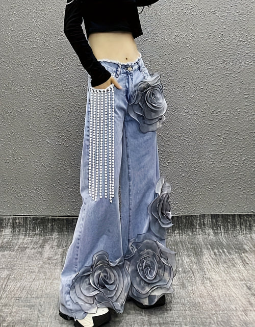 Load image into Gallery viewer, Women Mid-Waist Wide-Leg Jeans, Adorned with 3D Flowers And Pearl Pendant Chains, Are Stylish And Versatile Denim Pants Suitable for All Seasons And Various Occasions
