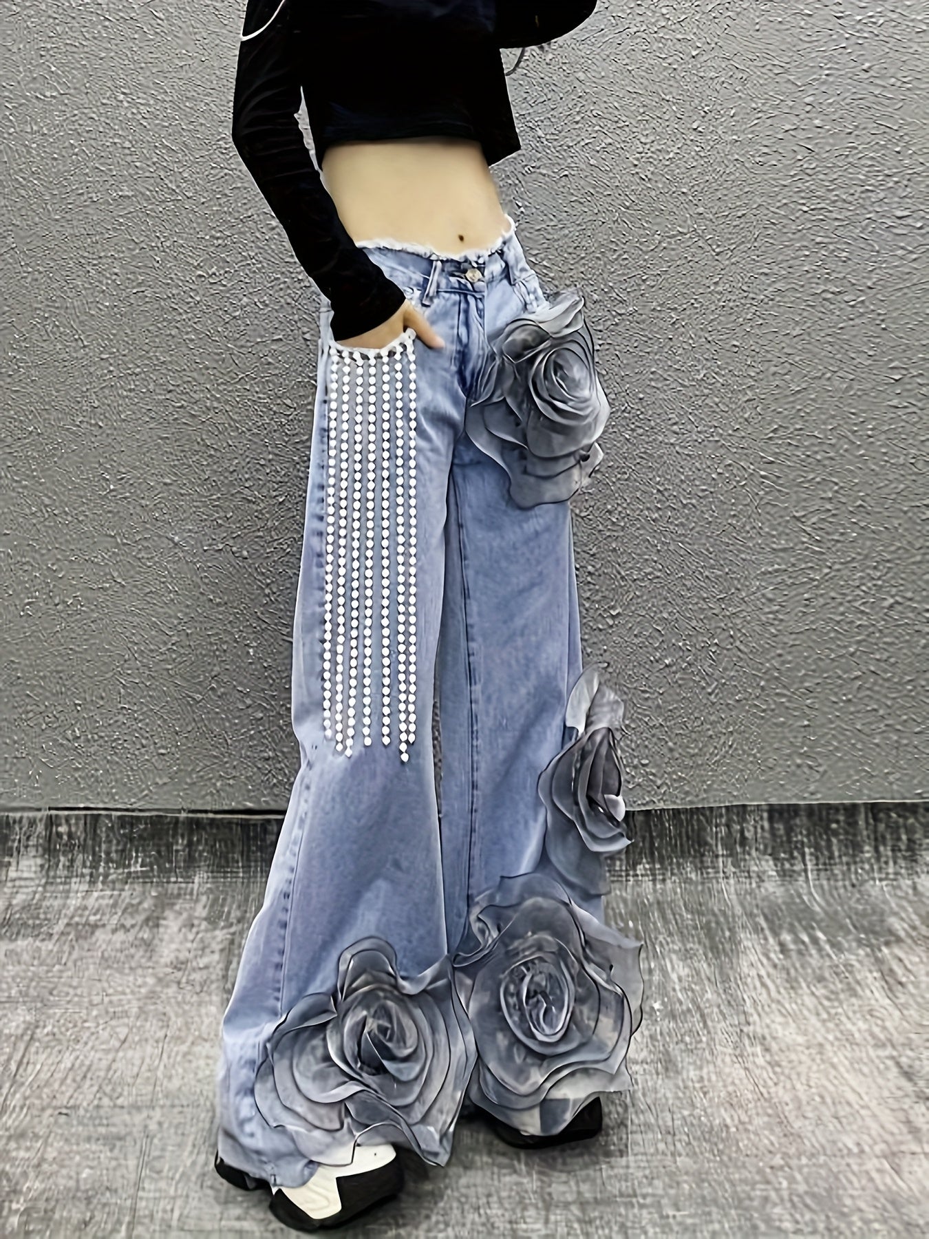 Women Mid-Waist Wide-Leg Jeans, Adorned with 3D Flowers And Pearl Pendant Chains, Are Stylish And Versatile Denim Pants Suitable for All Seasons And Various Occasions