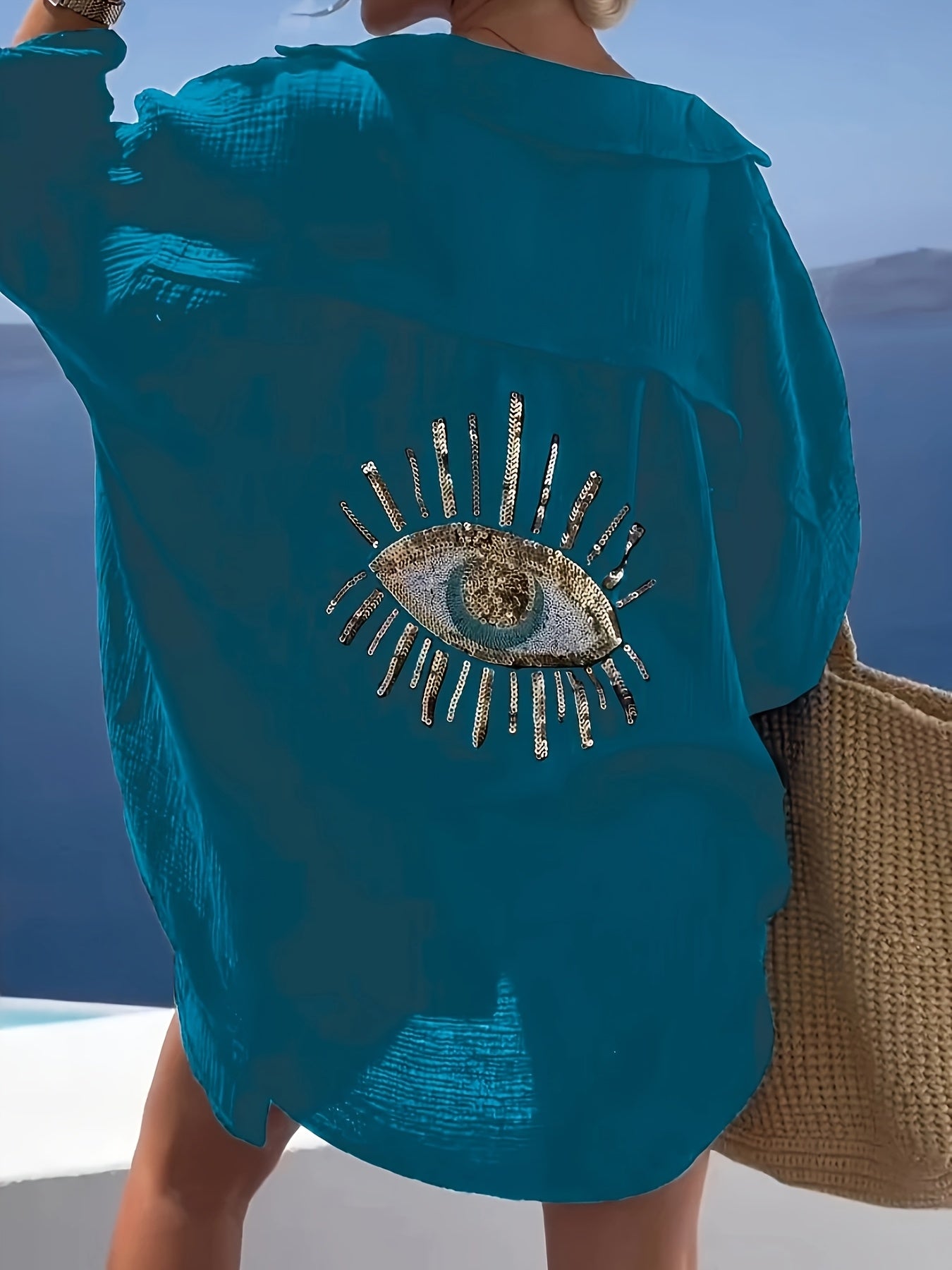 Plus Size Women's Teal Blue Beach Cardigan - Long Sleeve, Loose Fit, Sequin Third Eye Design, Soft Polyester Knit Fabric for Spring/Summer