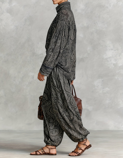 Load image into Gallery viewer, Women Elegant Vintage Paisley Print Chiffon Long-Sleeve Top with a Stand Collar, Paired with Loose-Fitting Wide-Leg Pants for Casual Everyday Wear
