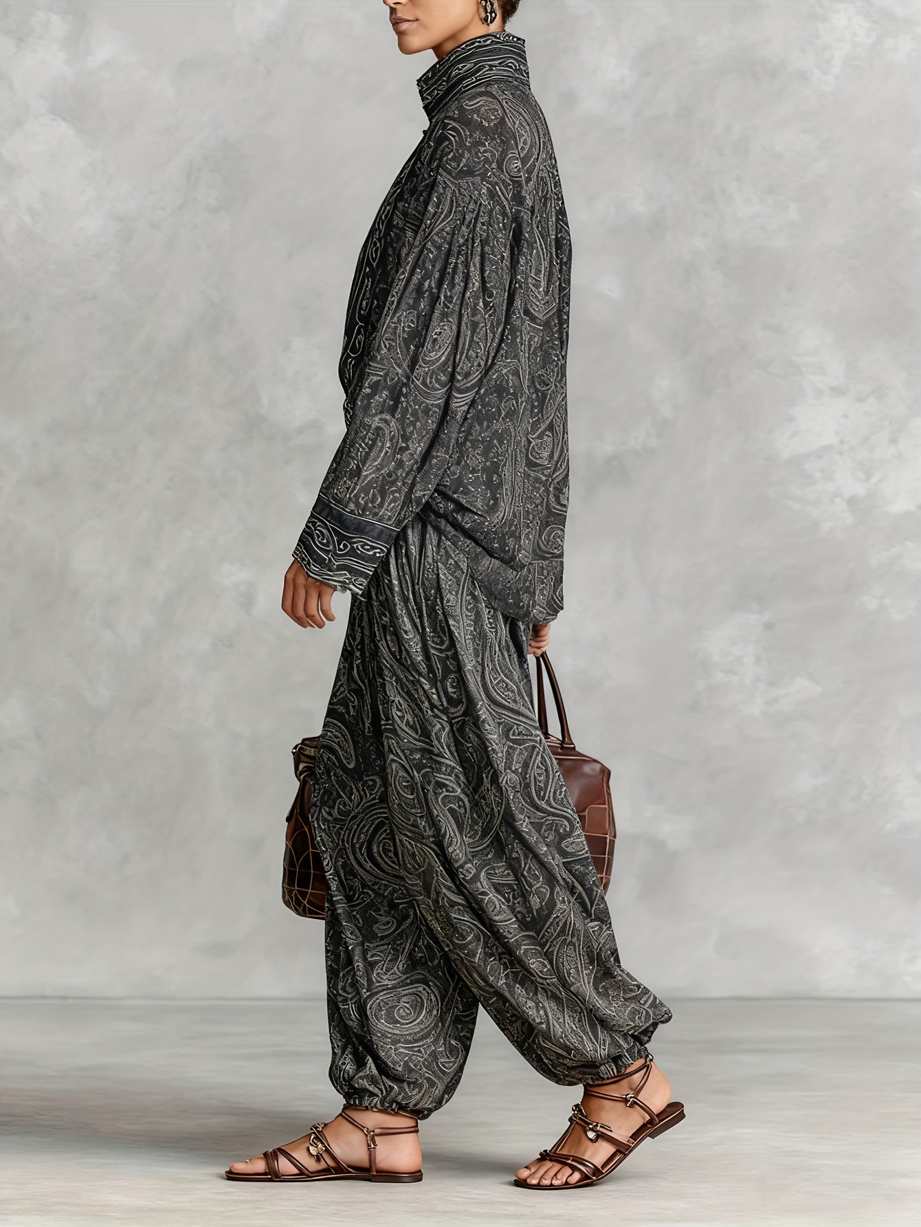 Women Elegant Vintage Paisley Print Chiffon Long-Sleeve Top with a Stand Collar, Paired with Loose-Fitting Wide-Leg Pants for Casual Everyday Wear