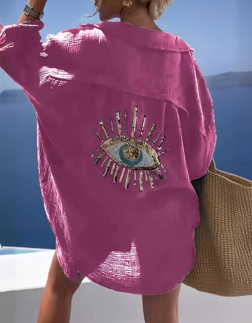 Load image into Gallery viewer, Plus Size Women&#39;s Teal Blue Beach Cardigan - Long Sleeve, Loose Fit, Sequin Third Eye Design, Soft Polyester Knit Fabric for Spring/Summer
