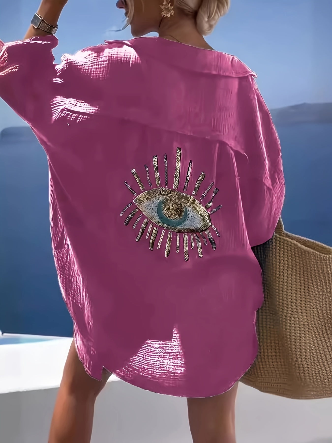 Plus Size Women's Teal Blue Beach Cardigan - Long Sleeve, Loose Fit, Sequin Third Eye Design, Soft Polyester Knit Fabric for Spring/Summer