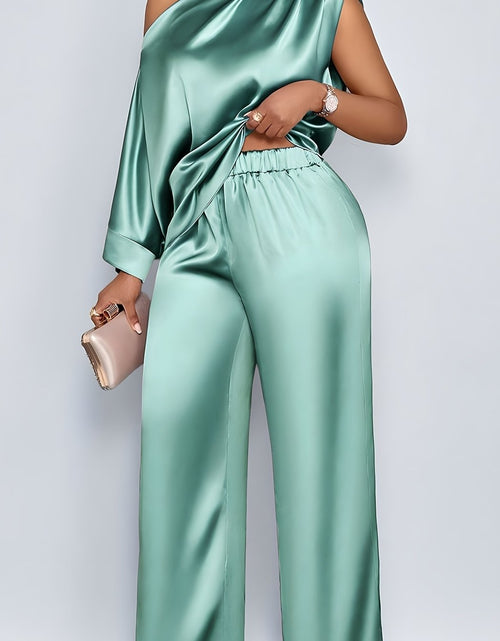 Load image into Gallery viewer, Plus Size - Women Fashion Elegant Plus Size 2pcs Batwing Blouse and Long Pants Set, Solid Color Asymmetrical Neck Blouse and Straight-Leg Long Pants Sets
