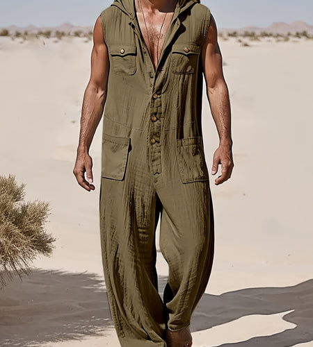 Mens Leisure Hoodies Jumpsuit Sleeveless Overalls With Pockets