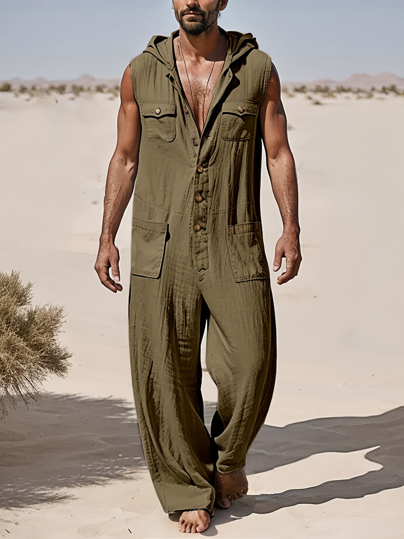 Mens Leisure Hoodies Jumpsuit Sleeveless Overalls With Pockets