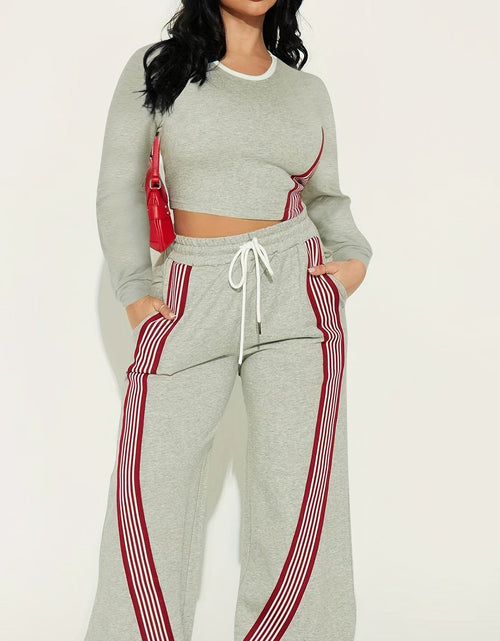 Load image into Gallery viewer, 2pcs Women Casual Long Sleeved Top And Side Striped Style Drawstring Pocket Pants Set For Autumn And Winter
