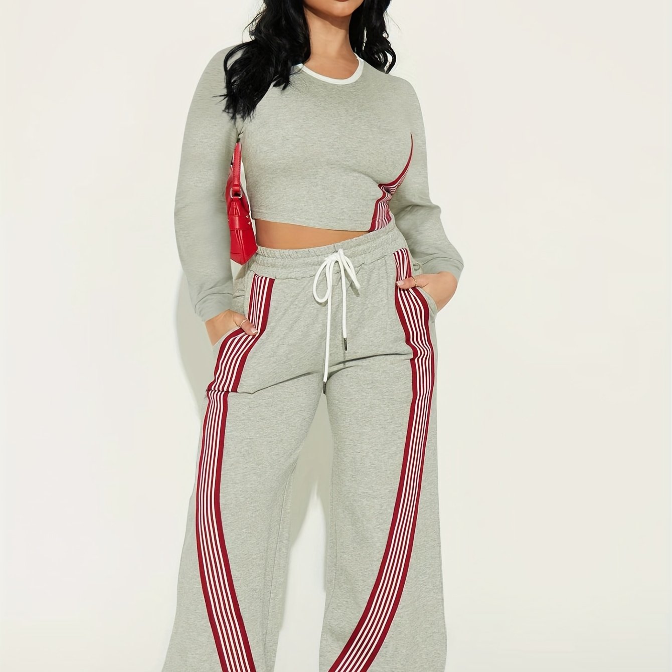 2pcs Women Casual Long Sleeved Top And Side Striped Style Drawstring Pocket Pants Set For Autumn And Winter
