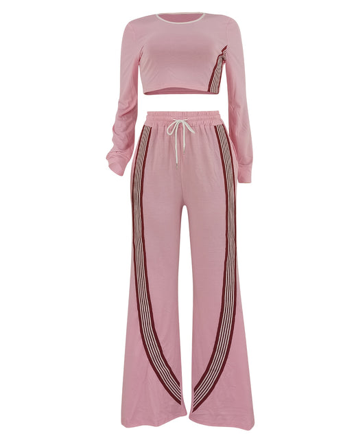Load image into Gallery viewer, 2pcs Women Casual Long Sleeved Top And Side Striped Style Drawstring Pocket Pants Set For Autumn And Winter
