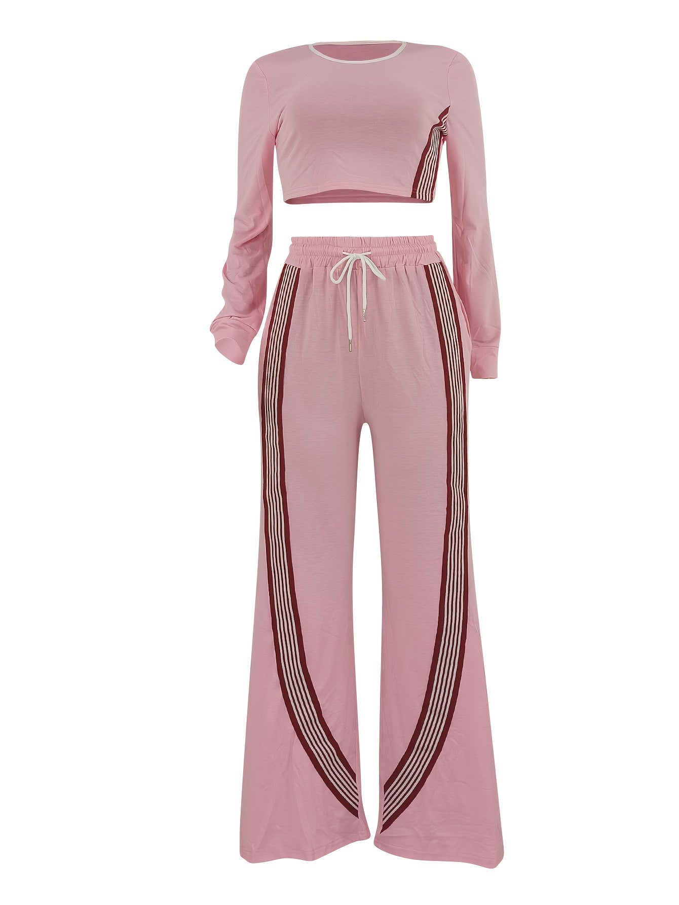 2pcs Women Casual Long Sleeved Top And Side Striped Style Drawstring Pocket Pants Set For Autumn And Winter