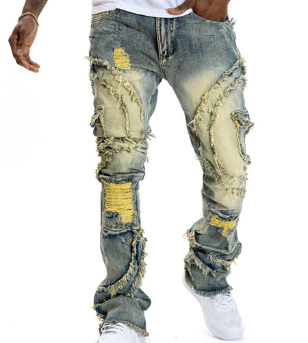 Men Black Stacked Jeans Slim Fit Ripped Jeans Destroyed Straight Denim Pants Hip Hop Trouser Streetwear