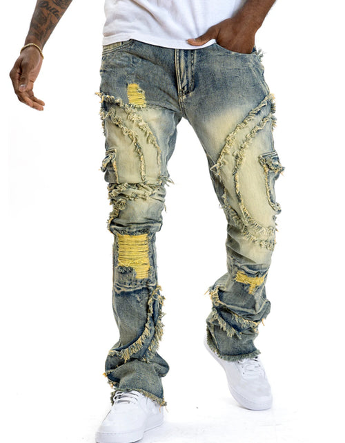 Load image into Gallery viewer, Men Black Stacked Jeans Slim Fit Ripped Jeans Destroyed Straight Denim Pants Hip Hop Trouser Streetwear
