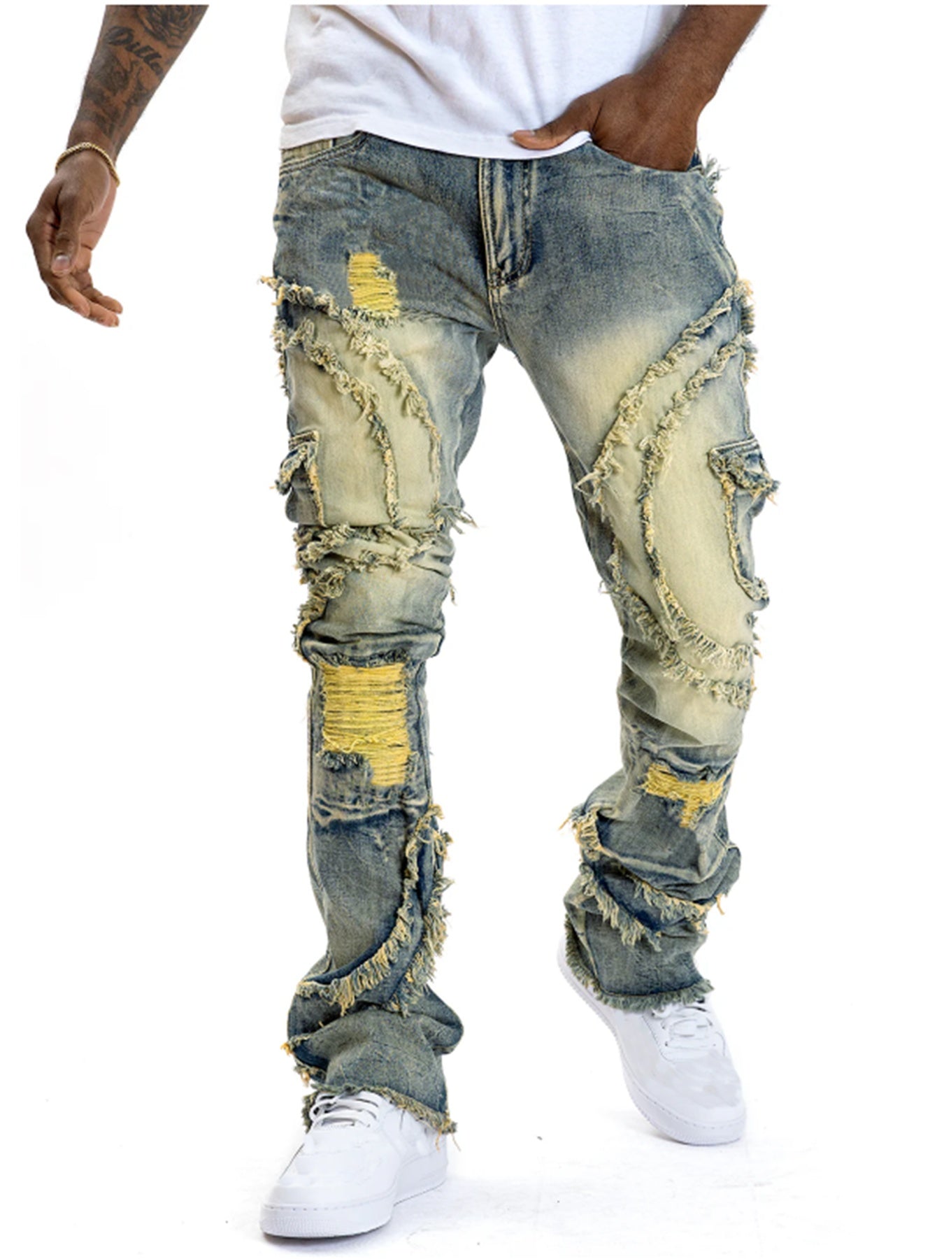 Men Black Stacked Jeans Slim Fit Ripped Jeans Destroyed Straight Denim Pants Hip Hop Trouser Streetwear