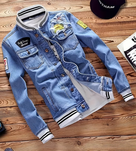 Men Vintage-Style Distressed Denim Jacket - Slim Fit Fashionable Motorcycle Outerwear, Featuring Embroidery Design, Blue Casual Streetwear, Trendy And Stylish, Distressed Denim Apparel | Classic Baseball Jacket Style Design