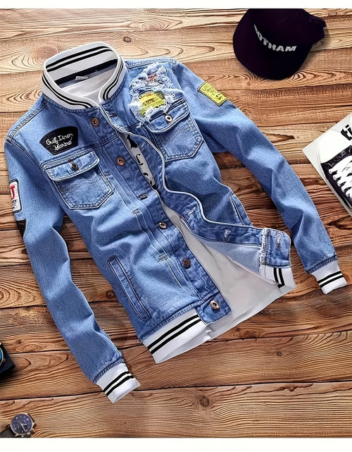 Load image into Gallery viewer, Men Vintage-Style Distressed Denim Jacket - Slim Fit Fashionable Motorcycle Outerwear, Featuring Embroidery Design, Blue Casual Streetwear, Trendy And Stylish, Distressed Denim Apparel | Classic Baseball Jacket Style Design

