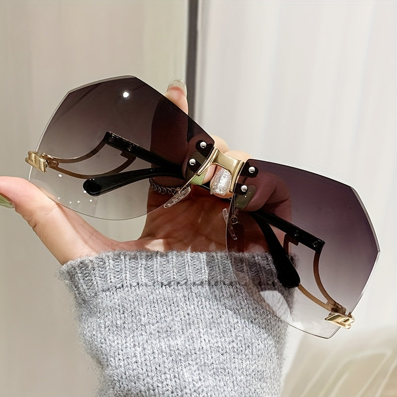 Frameless Oversized Fashion Glasses for Women - Gradient Pink to Clear Lenses, Hollow-Out Temple Arms, Protection & Anti-Glare Coating, Luxury Fashion Accessories
