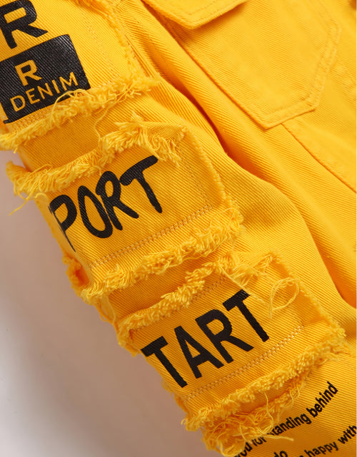 Load image into Gallery viewer, Men&#39;s Heavyweight Denim Jacket - Oversized Retro Streetwear Coat with 3D Patchwork Design, Single-Button Closure, Machine Washable, 4-Pocket Construction (Yellow/Black)
