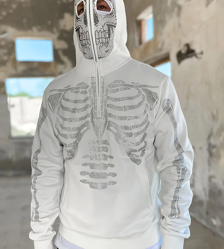Skeleton Print Hooded Sweatshirt, Casual Polyester Knit Fabric with Medium Stretch, Lined, with 1/4 Zip, for Men and Women, All-Season Gothic Glitter Style