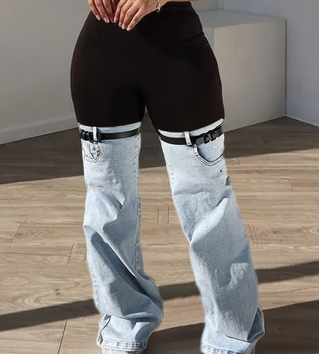 Women High Waist Slim Fit Flare Leggings - Black & Light Wash Denim Bell-Bottom Pants with Adjustable Buckle Strap,  Retro Streetwear Style, All-Season Stretch Denim for Casual Outfits