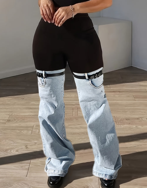 Load image into Gallery viewer, Women High Waist Slim Fit Flare Leggings - Black &amp; Light Wash Denim Bell-Bottom Pants with Adjustable Buckle Strap,  Retro Streetwear Style, All-Season Stretch Denim for Casual Outfits
