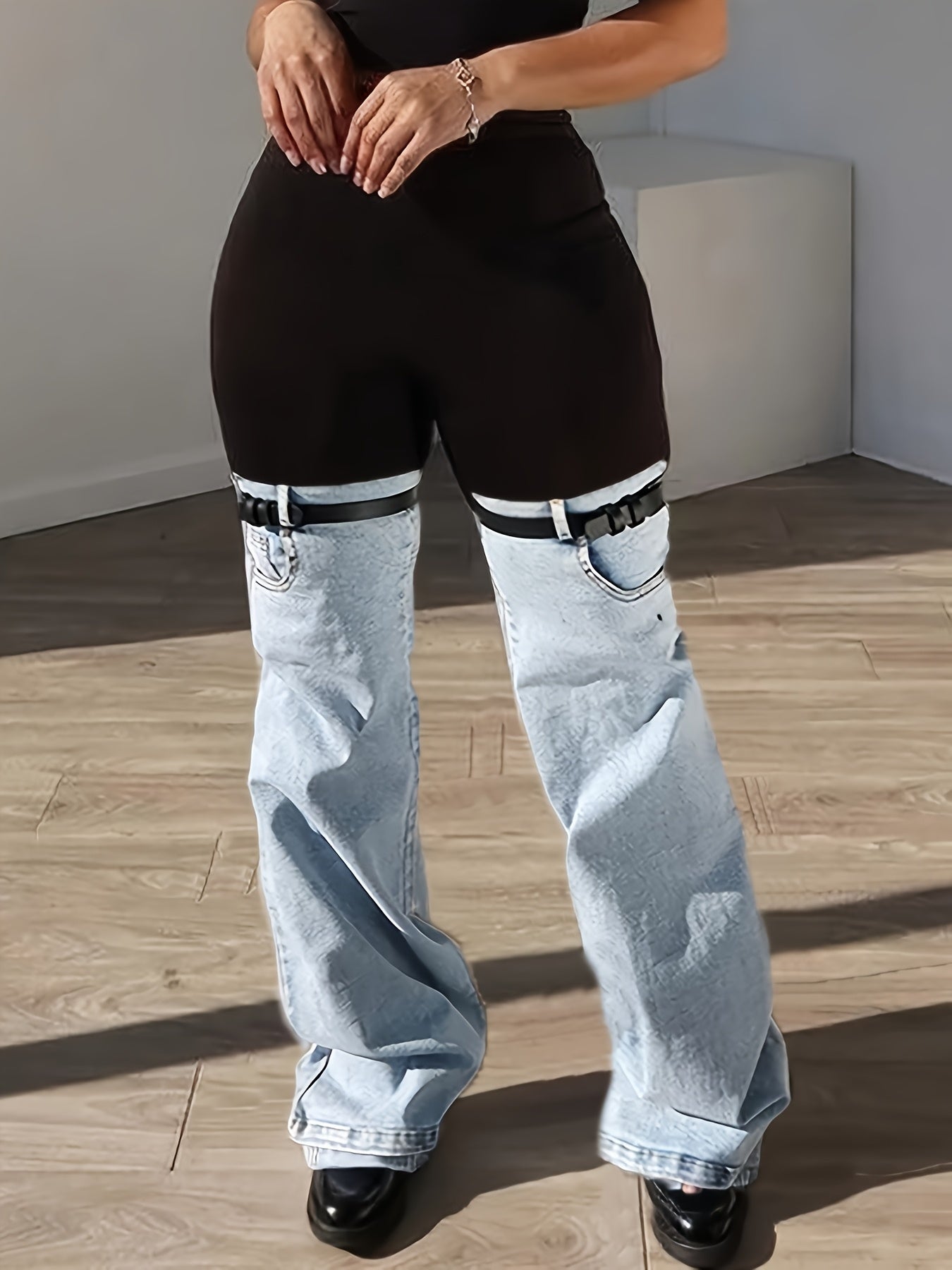 Women High Waist Slim Fit Flare Leggings - Black & Light Wash Denim Bell-Bottom Pants with Adjustable Buckle Strap,  Retro Streetwear Style, All-Season Stretch Denim for Casual Outfits