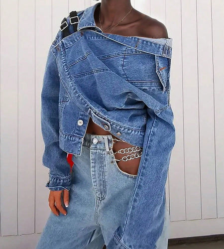 Women Blue Denim Jacket - Button-Front with Collared Neck & Asymmetric Hem Detail | Fit for Daily Commutes, Weekend Brunch & Casual Outings (Chic & Versatile) for Effortless Everyday Looks