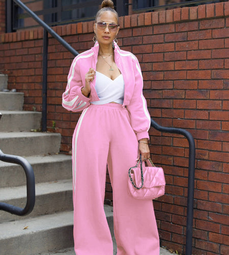 Autumn striped long-sleeved two-piece set - contrasting color zipper thickened sweatshirt casual solid color striped side trim, elastic short top, comfortable straight-leg pants