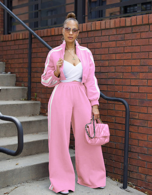 Load image into Gallery viewer, Autumn Striped Long-Sleeved Two-Piece Set - Contrasting Color Zipper Thickened Sweatshirt Casual Commuting Set, Solid Color Striped Side Trim, Elastic Short Top, Comfortable Straight-Leg Pants
