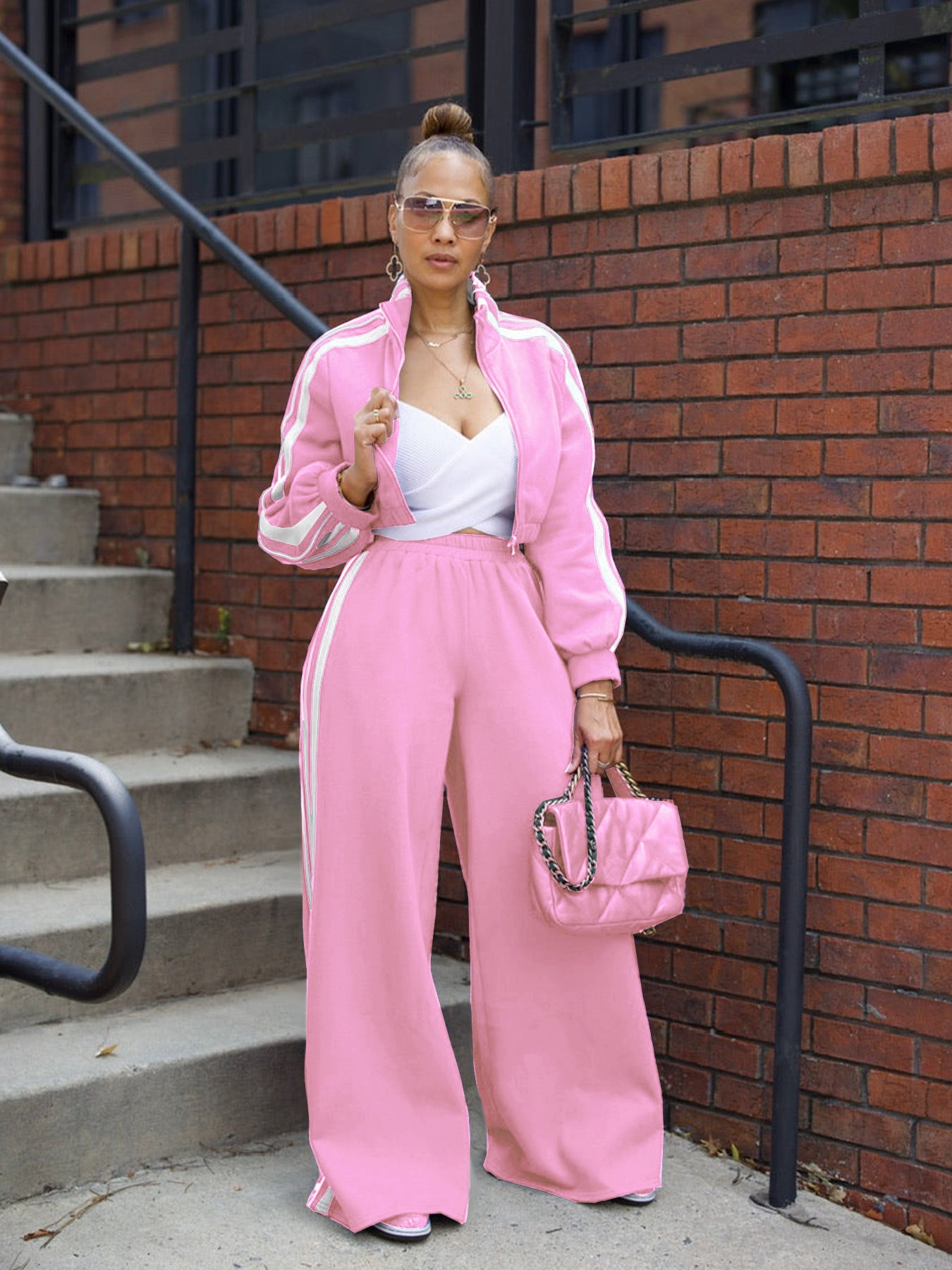 Autumn Striped Long-Sleeved Two-Piece Set - Contrasting Color Zipper Thickened Sweatshirt Casual Commuting Set, Solid Color Striped Side Trim, Elastic Short Top, Comfortable Straight-Leg Pants