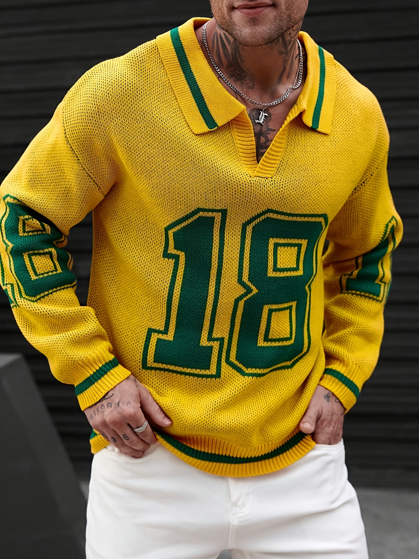 Men Basketball-Inspired Knit Pullover Sweater, Geometric Pattern Long Sleeve Casual sports knit tops, Men's autumn and winter knitted pullover.
