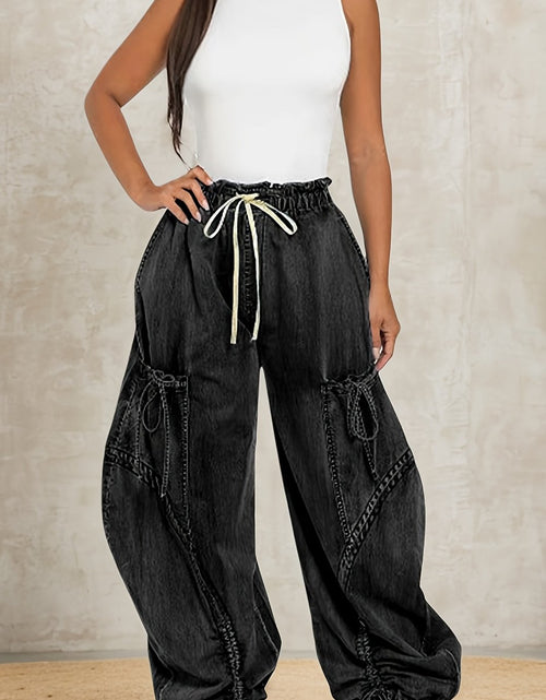 Load image into Gallery viewer, [Y2k Barrel Jeans] High Waist  Women Loose Barrel Jeans - Drawstring Bow Tie Cargo Vintage Wide Leg Ankle Denim Joggers
