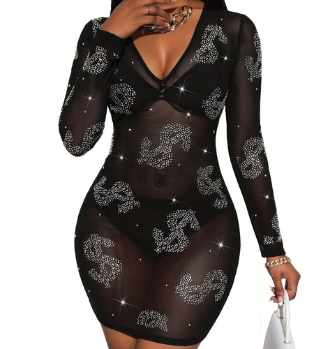Sexy Rhinestone Bodycon Mesh Dress - Sexy Dollar Pattern