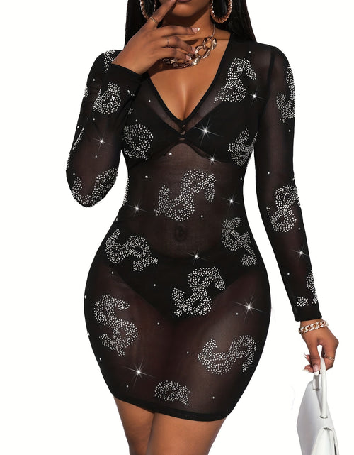 Load image into Gallery viewer, Sexy Rhinestone Bodycon Mesh Dress - Sexy Dollar Pattern

