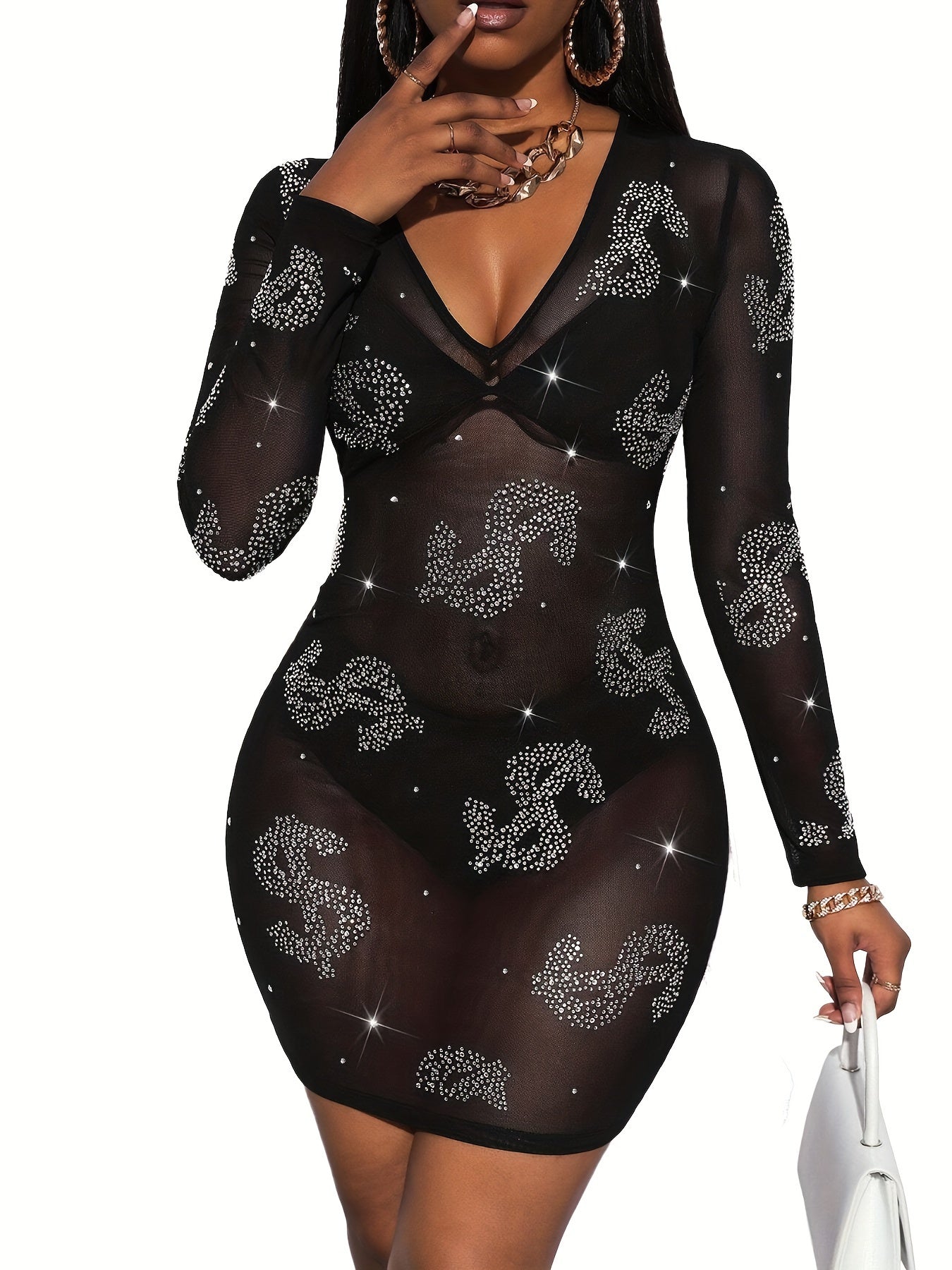 Sexy Rhinestone Bodycon Mesh Dress - Sexy Dollar Pattern