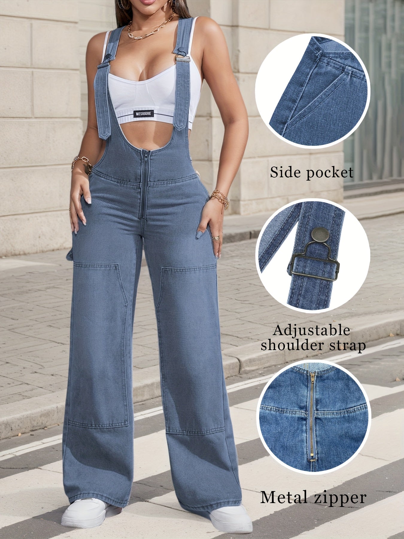 2025 New Women'S Sexy Adjustable Strap Denim Romper Casual Sleeveless High-Waisted Cargo Jeans