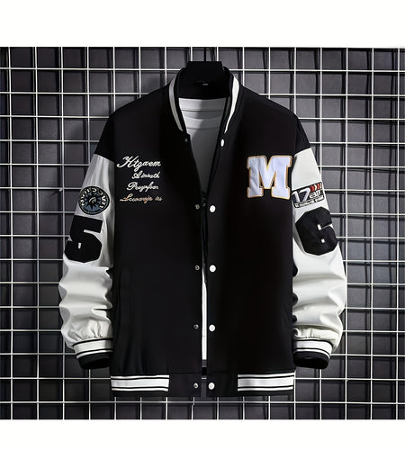 Plus Size Men Baseball Jacket, Casual Polyester Stand Collar with Snap Closure, Non-Stretch Woven Fabric, Loose Fit, with Monogram Patches, for Spring/Fall - Men Sports & Active
