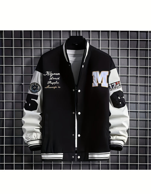 Load image into Gallery viewer, Plus Size Men Baseball Jacket, Casual Polyester Stand Collar with Snap Closure, Non-Stretch Woven Fabric, Loose Fit, with Monogram Patches, for Spring/Fall - Men Sports &amp; Active
