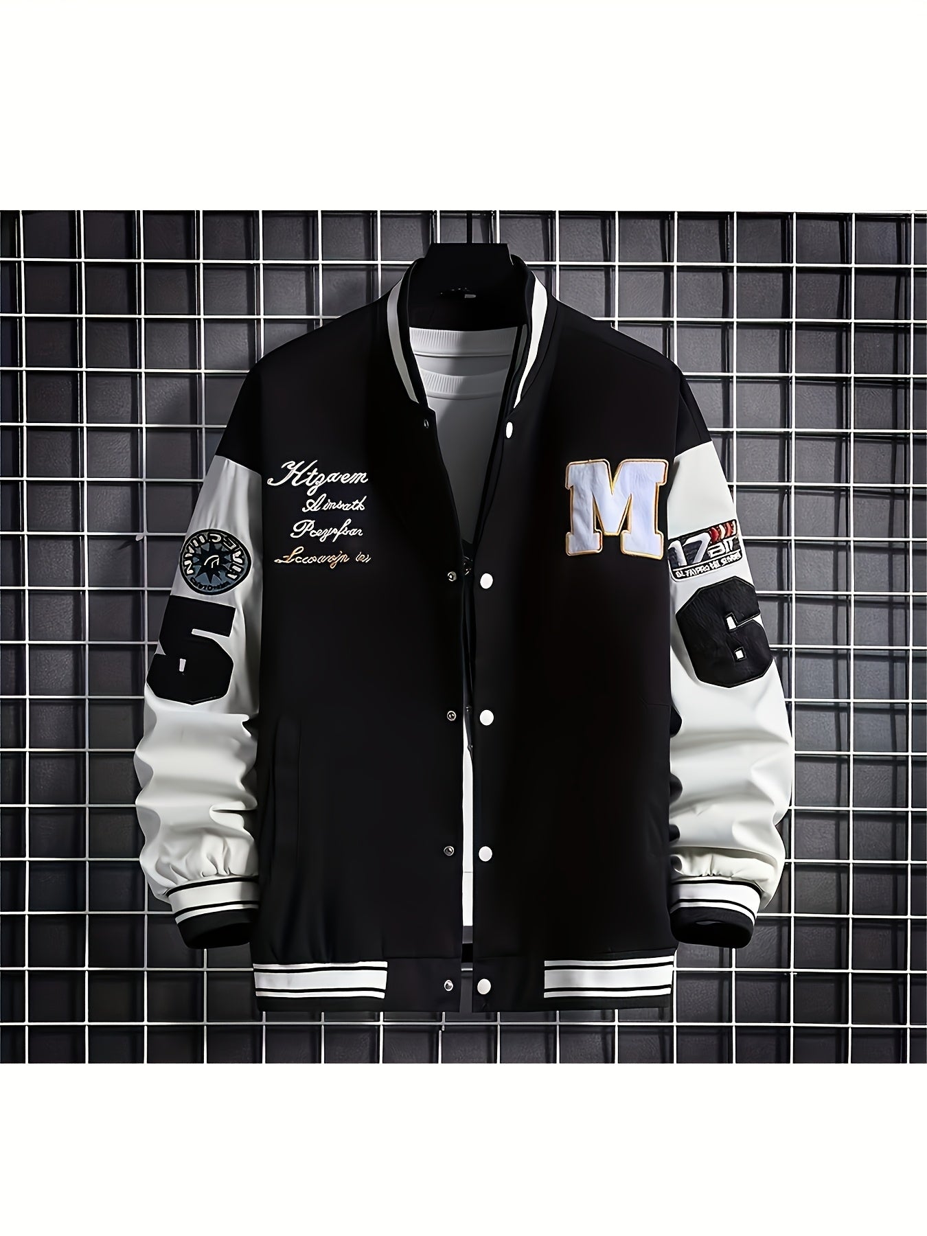 Plus Size Men Baseball Jacket, Casual Polyester Stand Collar with Snap Closure, Non-Stretch Woven Fabric, Loose Fit, with Monogram Patches, for Spring/Fall - Men Sports & Active