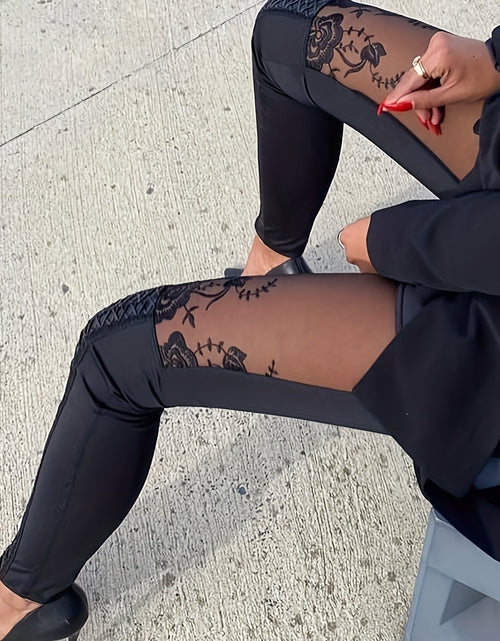 Load image into Gallery viewer, Women Sheer Mesh &amp; Lace Embellished Skinny Pants - Stretchy Tight-Fitting High-Waisted Ankle-Length Leggings with Elastic Waistband
