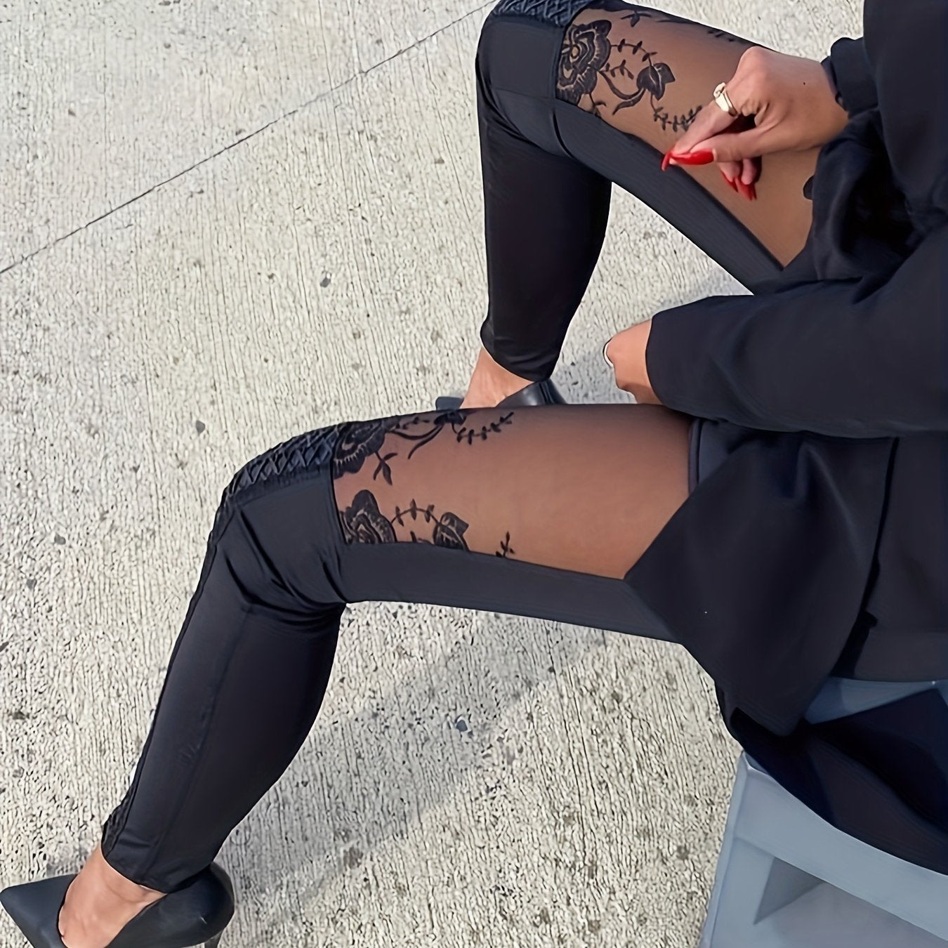 Women Sheer Mesh & Lace Embellished Skinny Pants - Stretchy Tight-Fitting High-Waisted Ankle-Length Leggings with Elastic Waistband