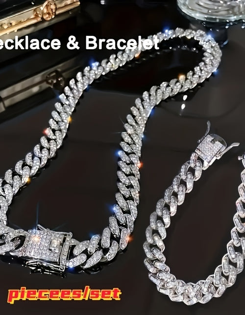Load image into Gallery viewer, 2pcs Set Necklace &amp; Bracelet Hip Hop Style Unisex Jewelry Suit Cuban Link Chain Design Band Shiny Unisex Jewelry
