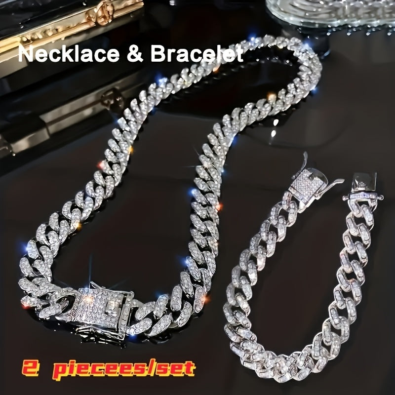 2pcs Set Necklace & Bracelet Hip Hop Style Unisex Jewelry Suit Cuban Link Chain Design Band Shiny Unisex Jewelry