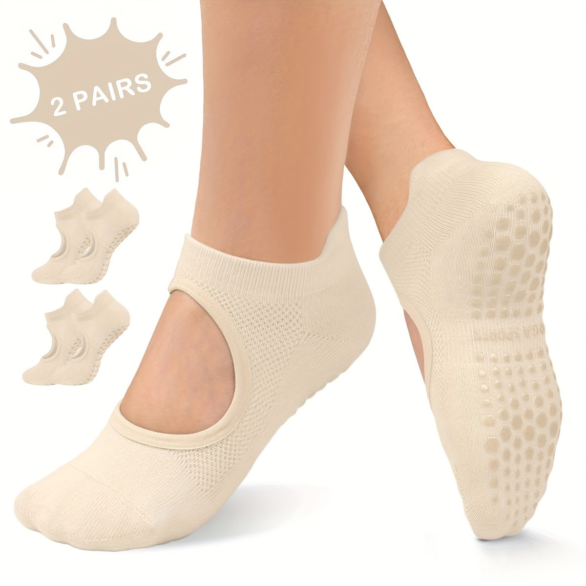 [2 Pairs Grippy Pilates Socks] 2 Pairs Non-Slip Grippy Pilates Socks for Women | Open Top Yoga Socks, Breathable Athletic Socks for Workout, Barre, Dance - Barre Accessory