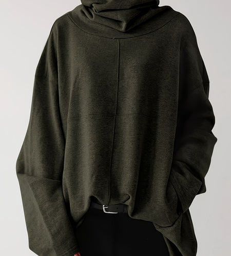 Plus Size, Women's Oversized Casual High Neck Pullover Hoodie with Front Pocket - Loose Fit Long Sleeve Solid Color Sweatshirt for Fall Winter, Plus Size Friendly